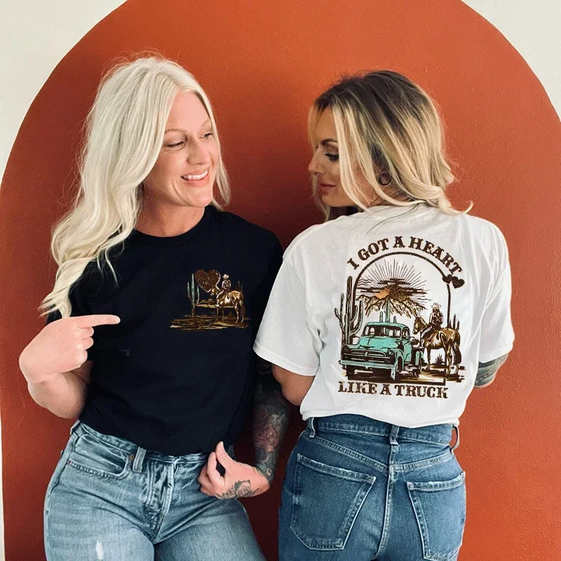 Women T-shirts I Got A Heart Like A Truck Front and Back Tshirts Western Rodeo Desert for Women Clothing Aesthetic Clothes