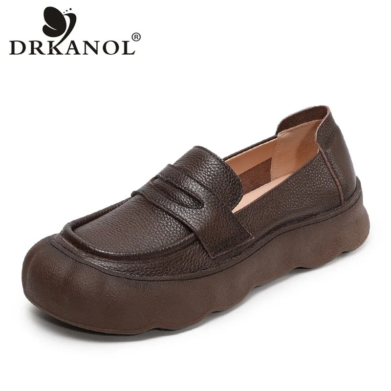 

DRKANOL 2026 Spring Women Slip On Flat Shoes Genuine Leather Casual Loafers Handmade Retro Comfort Soft Single Shoes Footwear