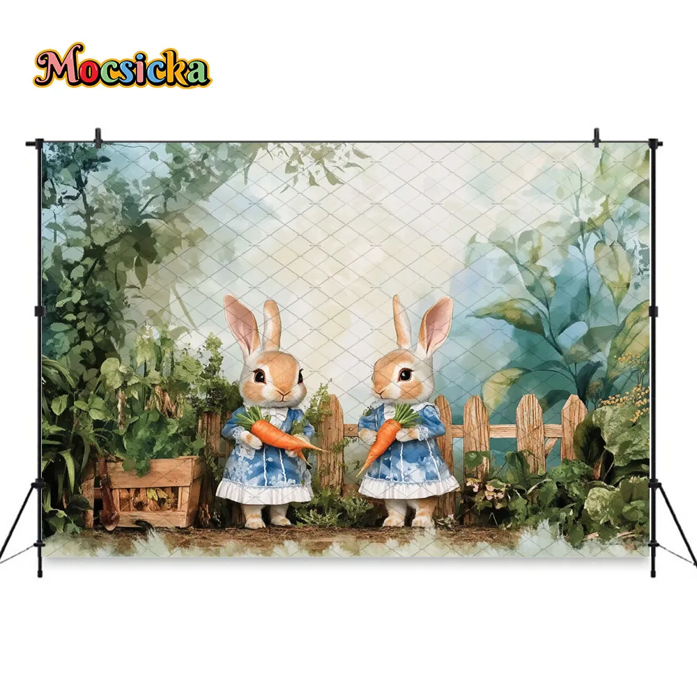 Mocsicka Easter Bunny Baby Shower Photography Backdrop Garden Carrot Rabbit Floral Fence Background Kids Birthday Photo Studio