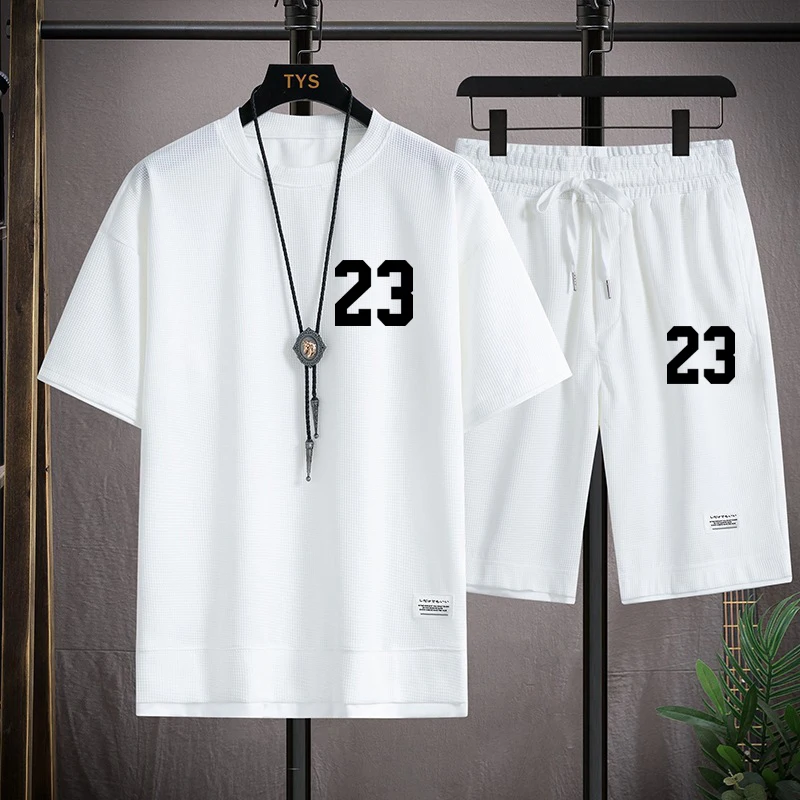 

New 23 Men's Set Summer Sports Suit Comfortable Breathable Waffle Running Sets Jogging Fitness Tracksuit Men Training Jersey