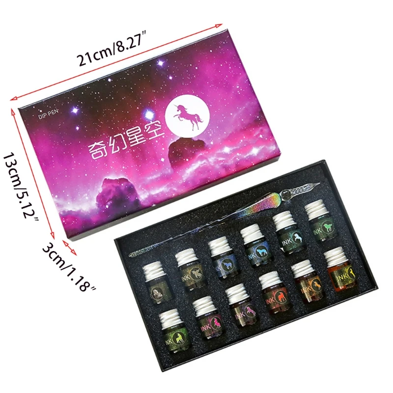 Glass Dip Pen Ink Calligraphy Pens Set for Beginners Rainbow Crystal Pen with 12 Colorful Ink for Art Writing Drawing