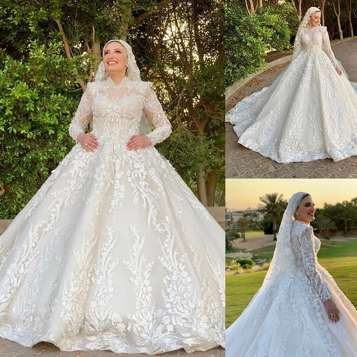 Muçulmano arábia saudita beading vestido de casamento alta pescoço apliques vestidos de noiva feito sob encomenda longo trem bordado vestido de novia