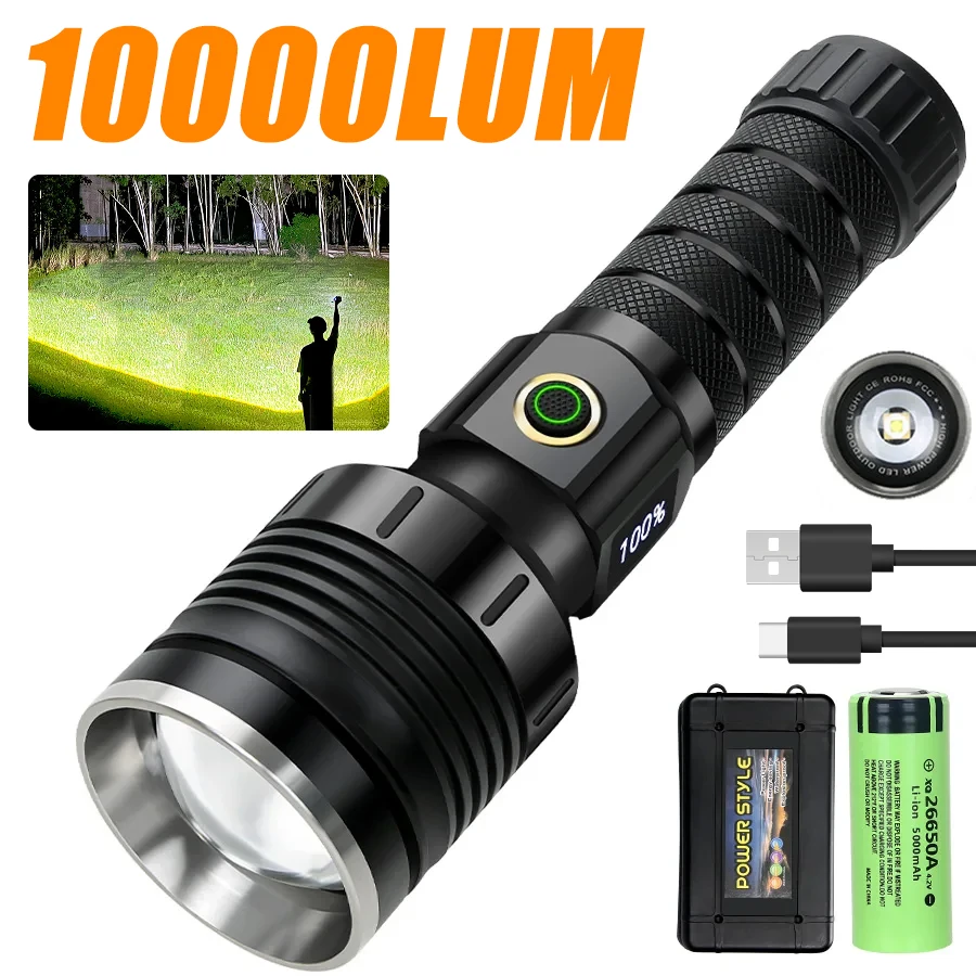 Powerful 10000LM Led Flashlight Rechargeable 80W Tactical Torch Zoom Long Range Light Waterproof Camping Lantern Power Bank