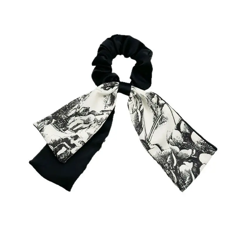

Women Elegant Black and White Painting Bow Elastics Hair Band Exquisite Satin Scrunchies Ponytail Holder Girls Hair Accessories