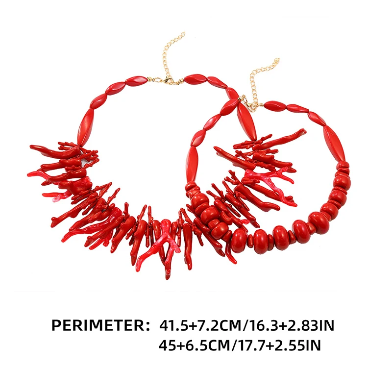 2Pcs Vintage Exaggerated Red Coral Necklace For Women Girls Fashion Boho Style Statement Retro Necklaces Fine Jewelry Gifts