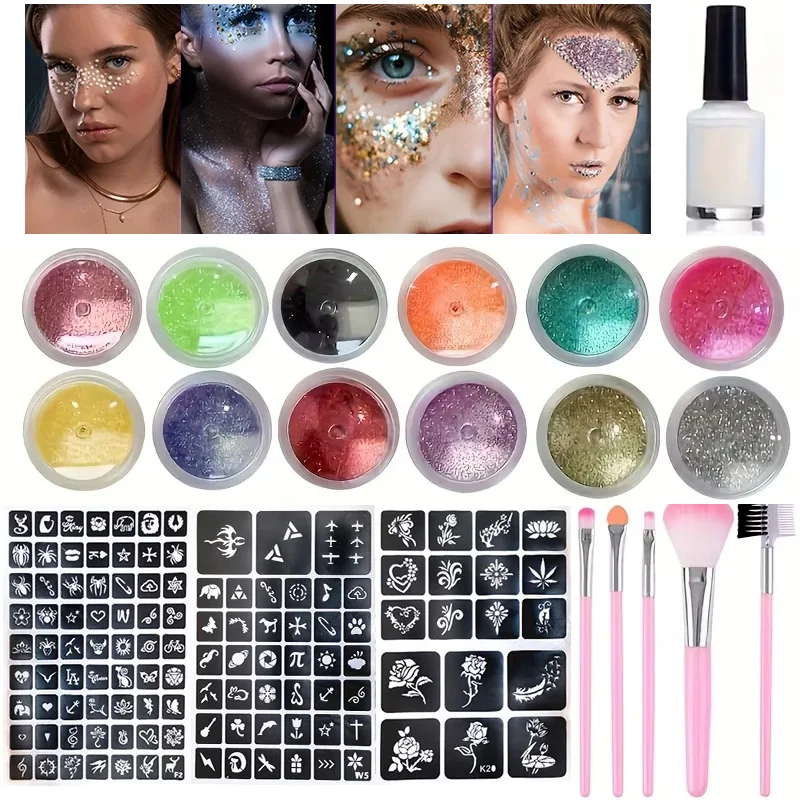 12 Colors of Glitter DIY Flash Tattoo,Includes Multiple Tattoo Templates Glue Brushes Set,DIY Glitter Cartoon Sticker Tattoo Set
