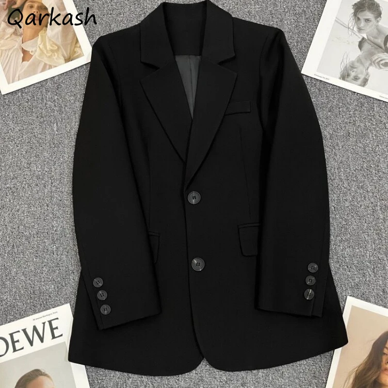 Black Blazers Women Classic Simple Spring Coat Ins Leisure Loose Solid Button Korean Style Streetwear Pockets Elegant Ladies