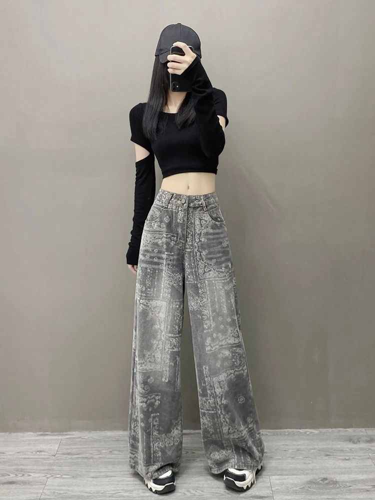 

Черные, серые повседневные джинсы с принтом в стиле ретро, женские осенние свободные брюки с высокой талией, универсальные прямые широкие брюки, модные