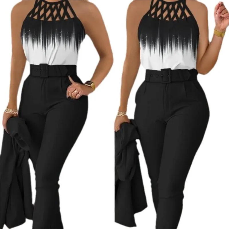 Elegant Women\'s Two Piece Set Suit Autumn Summer Fashion Print Hollow Out Sleeveless Tops Black Petite Pants Two-piece Set Women