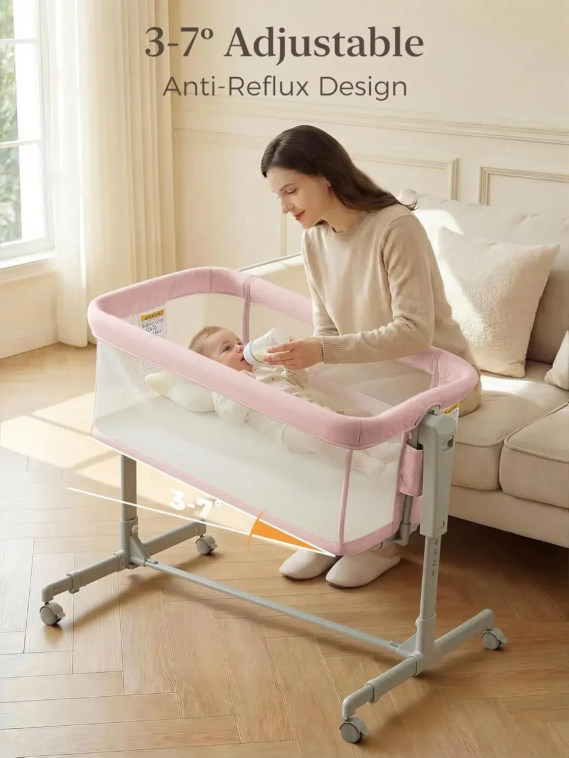 Baby Bassinet Bedside Sleeper 3 In 1 Easy Night Feeding One Side Fold Rolling Wheels Breathable Mesh 6 Height Adjustable Soft Ma