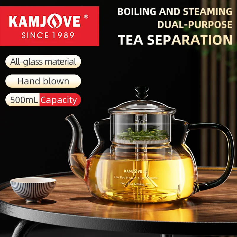 KAMJOVE Dual-purpose Tea Pot with Spray Brewing&Infusion Brewing,Full Glass Heat-resistant Tea Kettle 500ml,Tea Water Separation