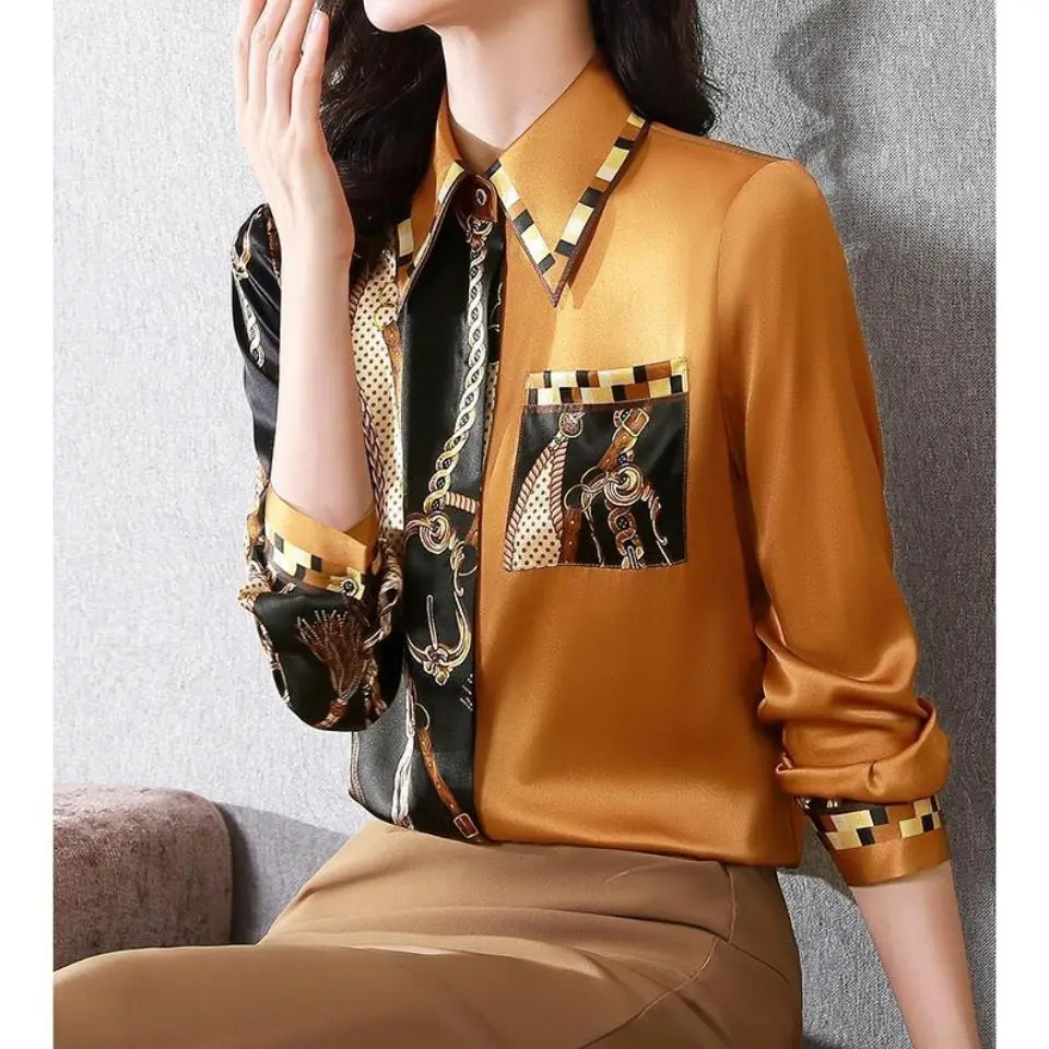 2022 Spring Women Korean New Patchwork Printed Satin Blouses Vintage Elegant Fashion Office Lady Shirts Casual Long Sleeved Tops