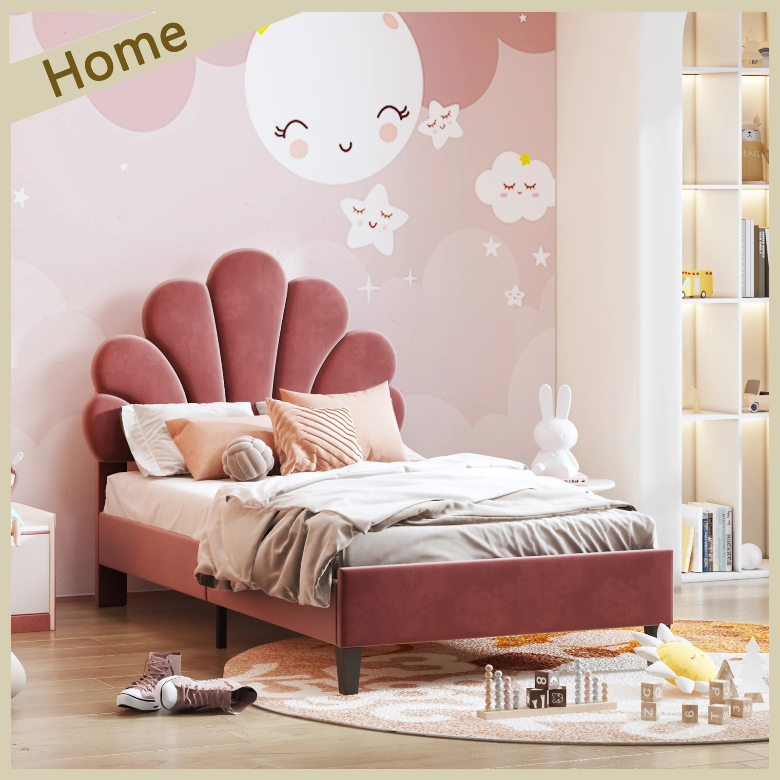 Children's Bed 90 x 200 cm, Bed Frame with Flower-shaped Headboard and Slatted Frame, Teen Girl's Bed in Skin-friendly Velvet