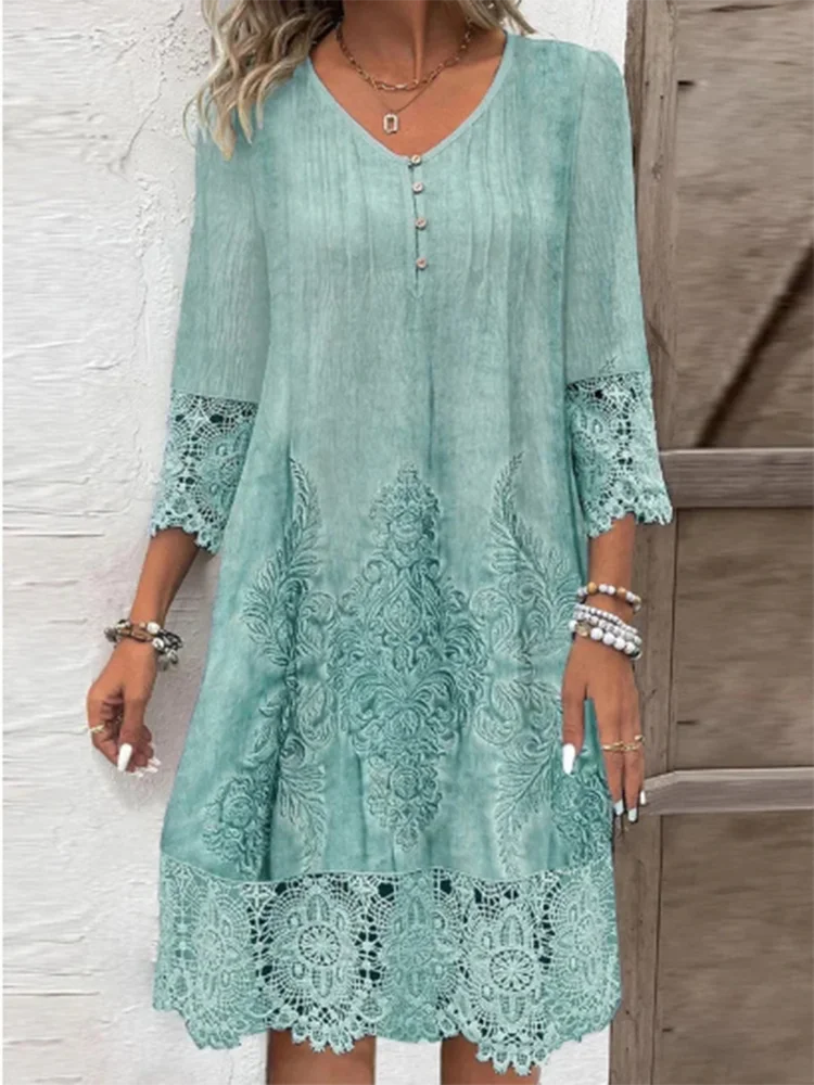 Button V-neck Short Sleeved Lace Printed Women's Dress Elegant Casual Fashionable High Street Spring Dresses image 2