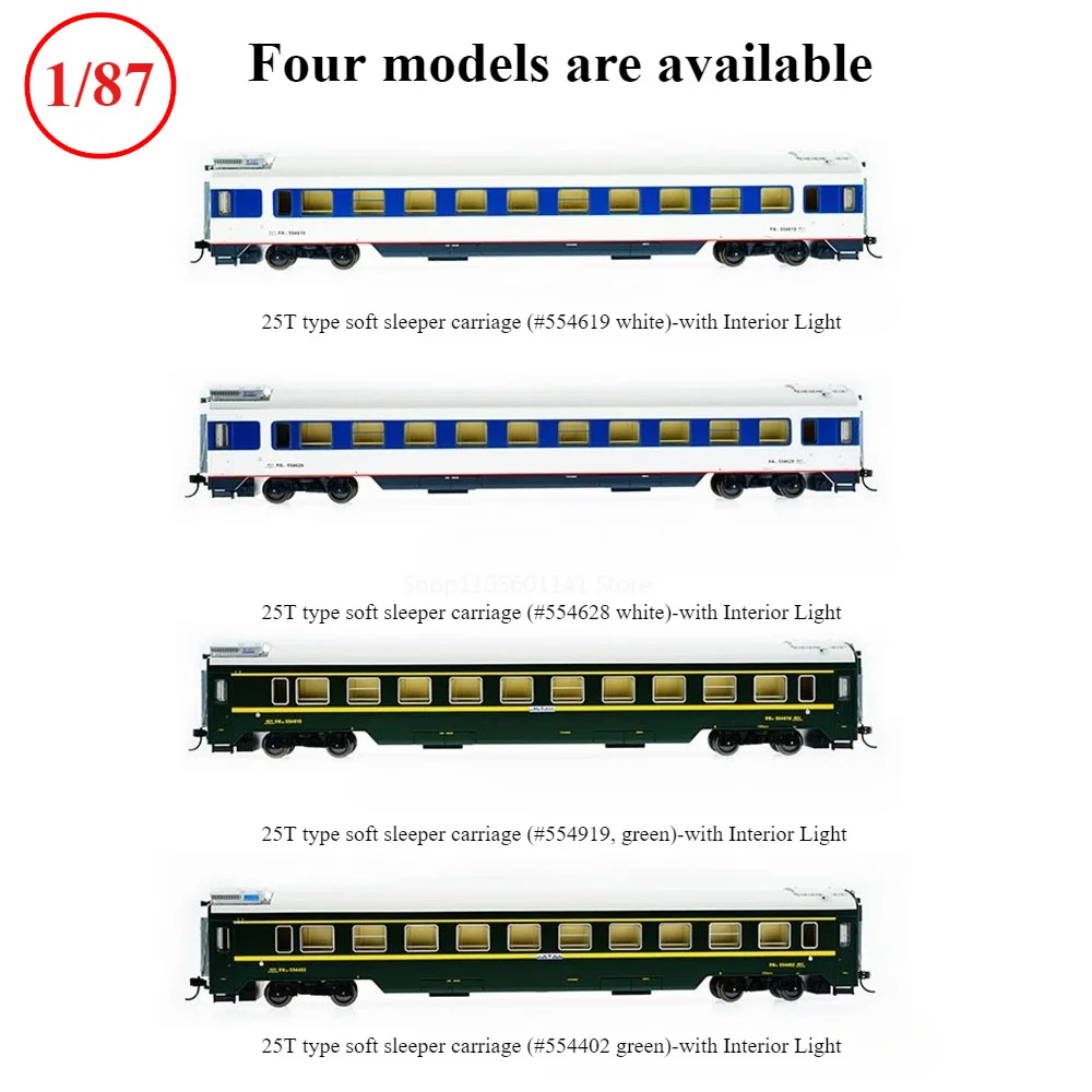 HO Scale 1/87 Train Passenger Car Simulation 25T Soft Sleeper Passenger Car Train Model with Interior Light Collection