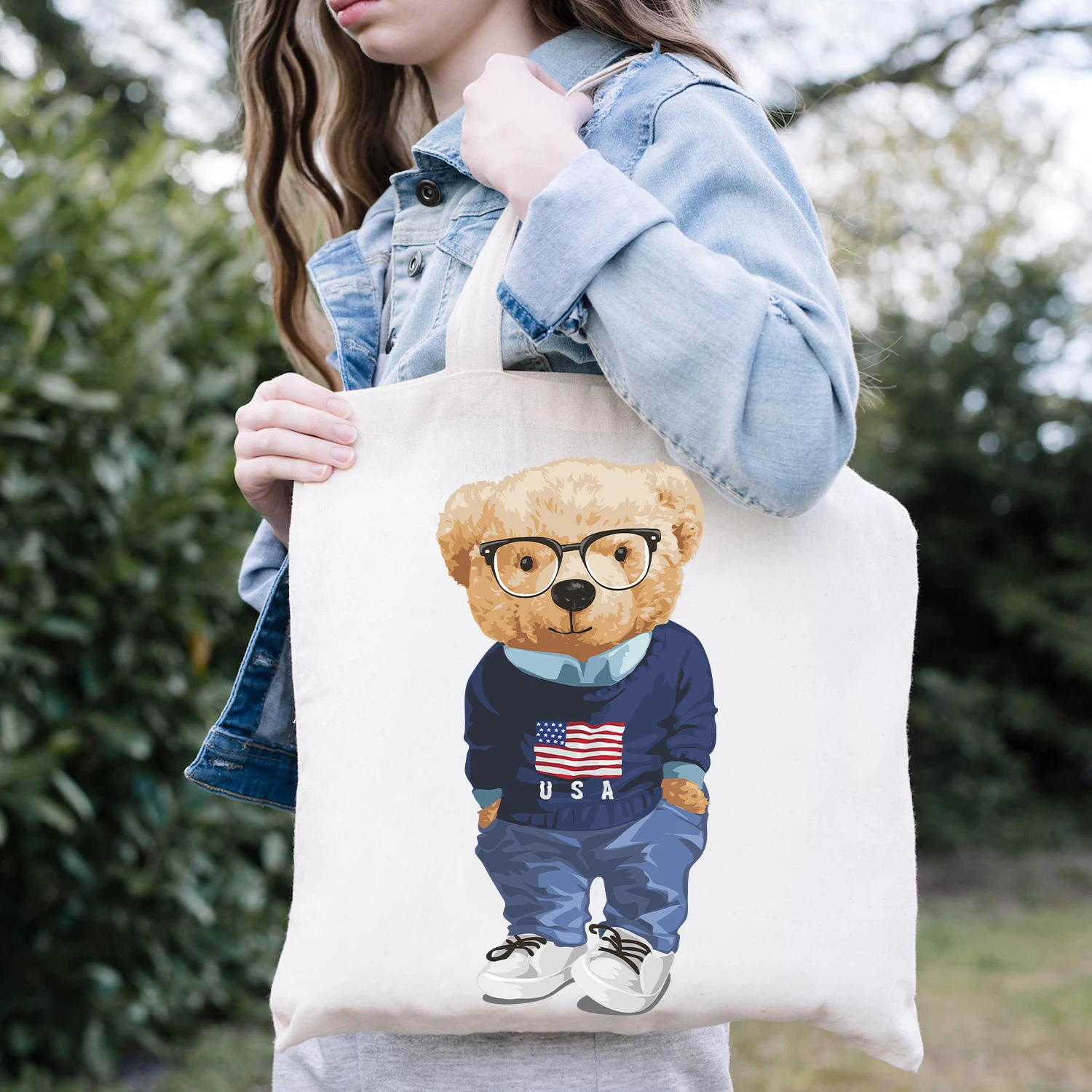 Women Bear Canvas Tote Bag 100% Cotton Reusable Shopper Bags Preppy Eco Bolsa Cute Teddy Bear Print School Style