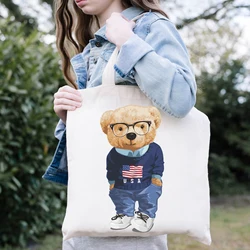 Borsa Tote in tela da donna con orso 100% cotone borse Shopper riutilizzabili Preppy Eco Bolsa Cute Teddy Bear Print School Style