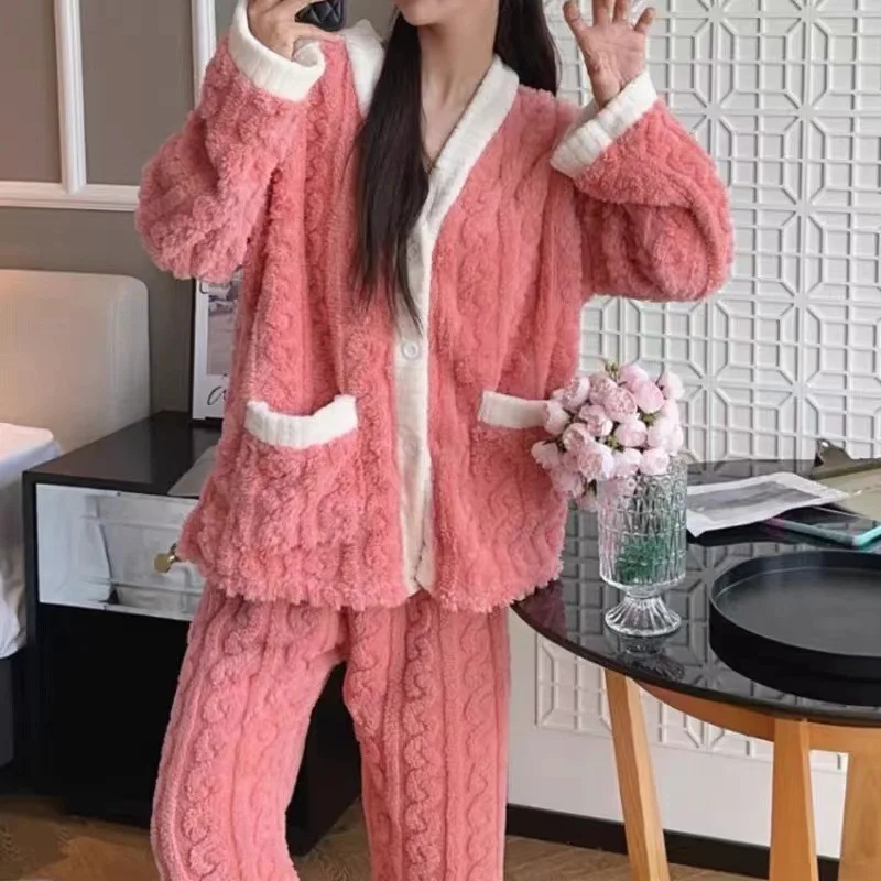 Thickened Warm Flannel Pajamas Women\'s Top and Pants Striped Sleepwear Loungewear Ladies Long-Sleeved Solid Nightwear Homewear