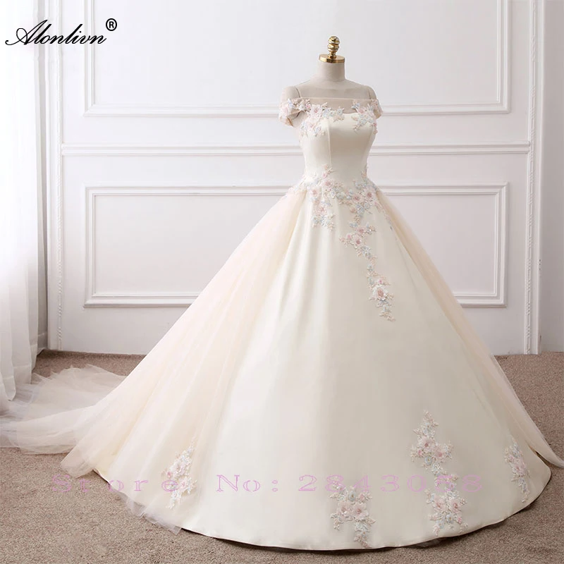 Alonlivn Off The Shoulder Boat Neck A-Line Wedding Dresses Distinctive Beaded Crystals Appliques Flowers Beauty Bridal Gowns