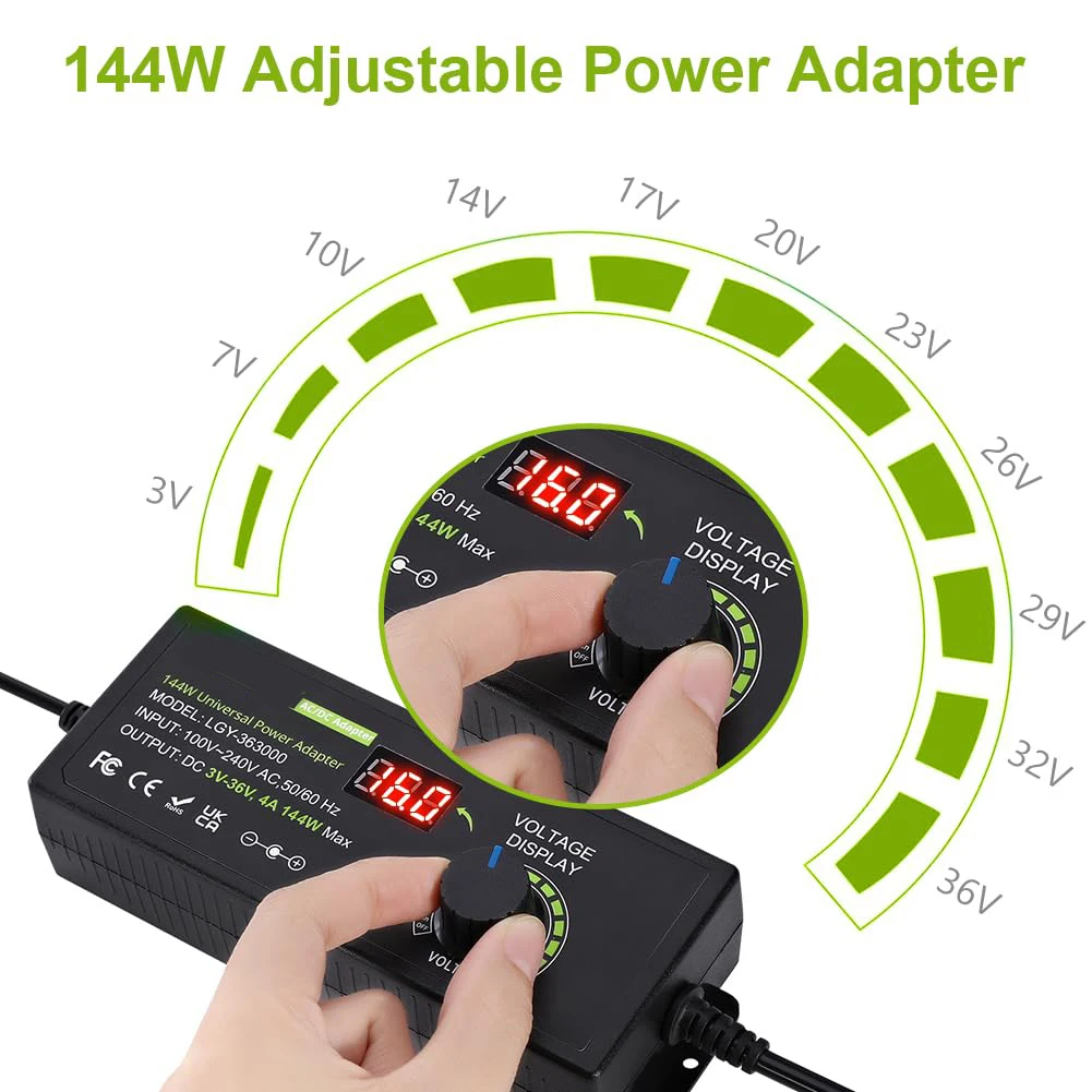 3V-36V 4A Variable Voltage AC DC Power Supply with 14 Tips LCD Panel Overvoltage Overcurrent Short Circuit Protection