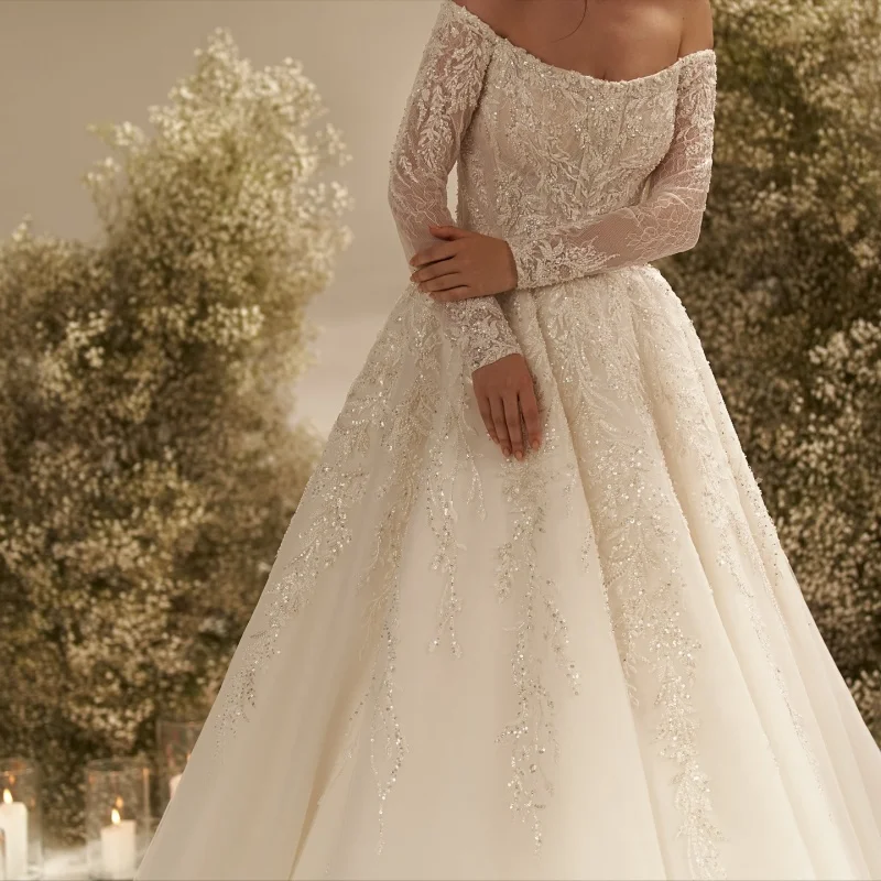 

Ivory Appliques Wedding Dresses off-shoulder A-line Sequin decal Long tail long sleeves Bridal Gowns Made Customized