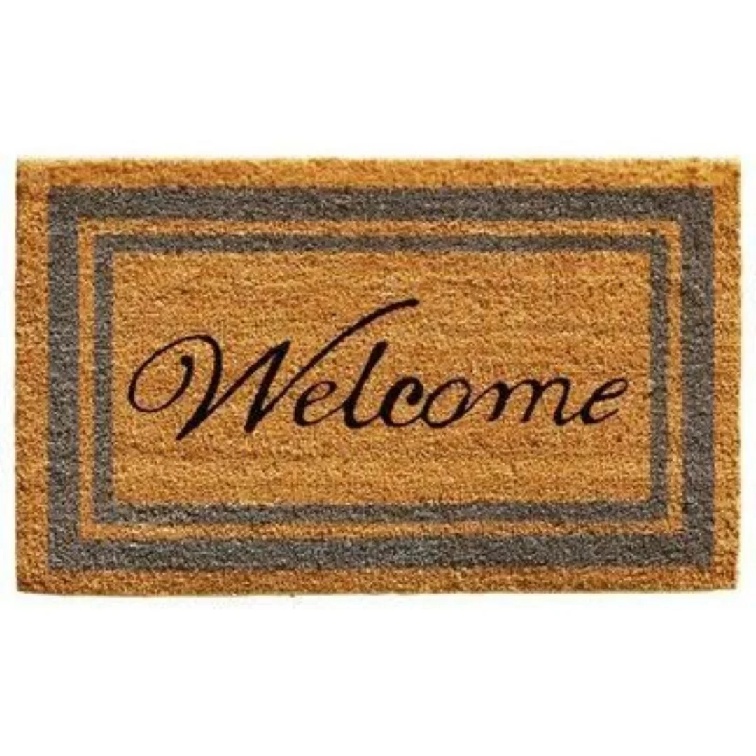 Welcome Cursive Letter Coir Door Mat Double Grey Border Print Indoor Outdoor Front Entryway Welcome Doormat Home Decor Rug