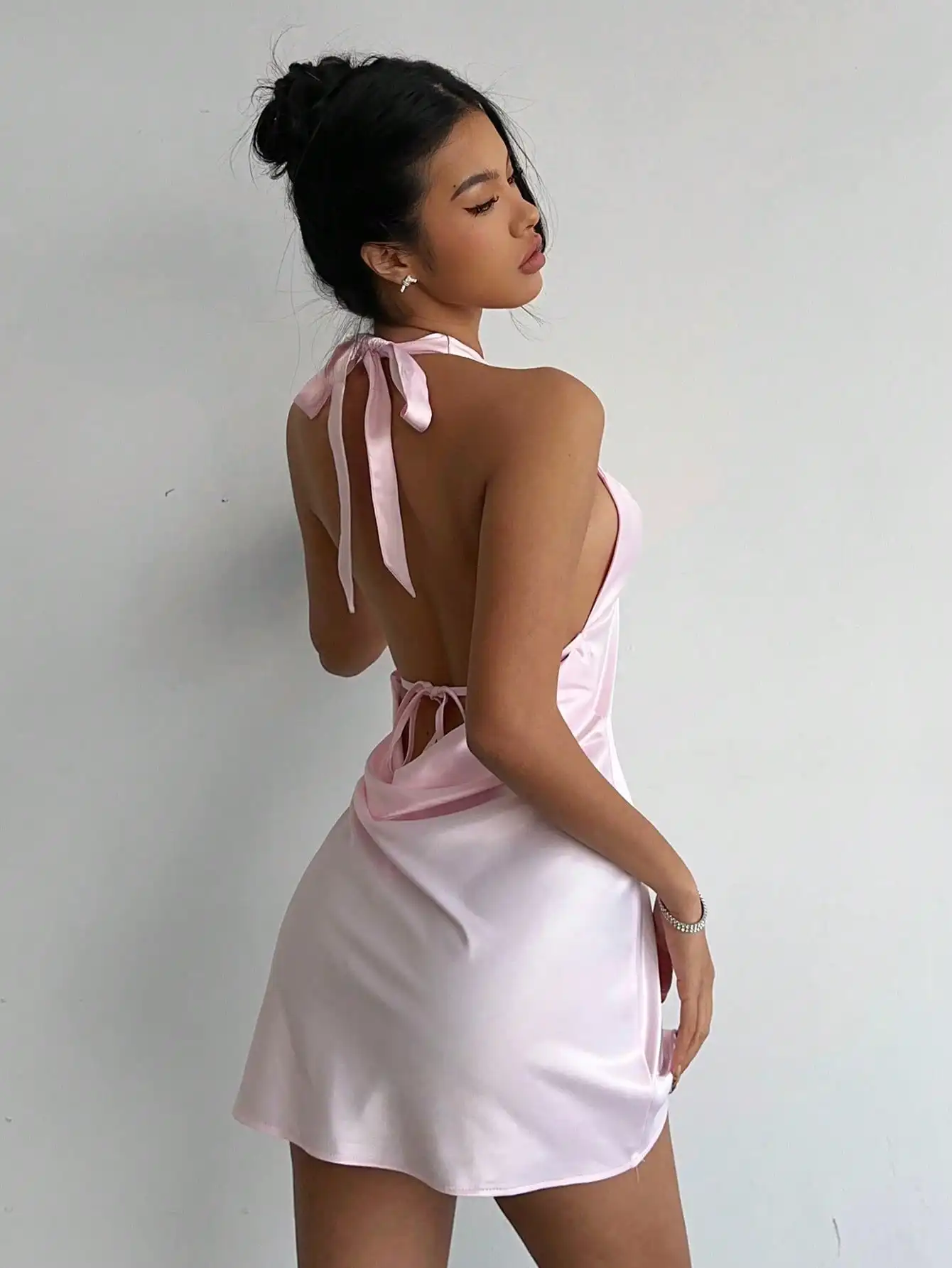 

Pink Satin Backless Halter Mini Dress with Tie Detail