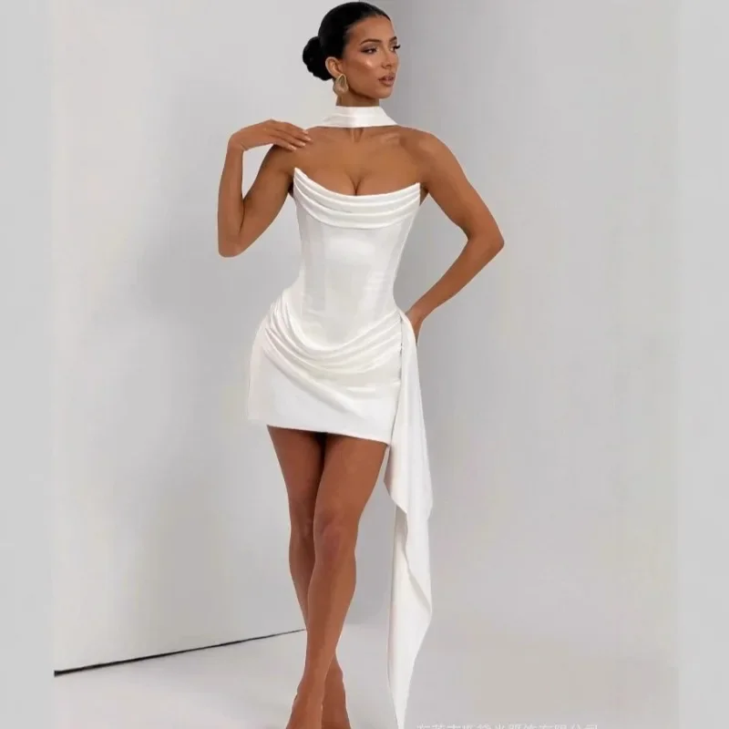 Satin Geburtstagskleid Frauen Trägerlose Partykleider Taille Ohne Knochen Sexy Mini Sommerkleider Clubkleider Frauen Kleidung