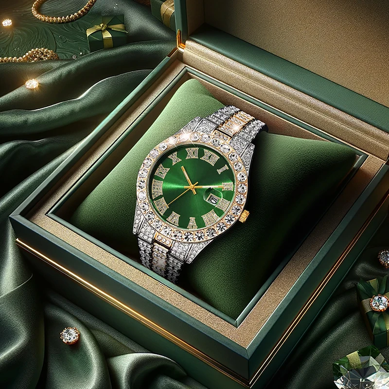 

Мужские зеленые деловые повседневные кварцевые часы с функцией календаря, с золотым ремешком из нержавеющей стали и звездным циферблатом.