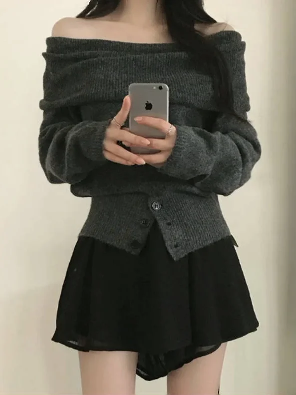 Korean Style Women's Knitted Sweater One-Shoulder Soft Cozy Overhead Long Sleeve Regular Fit Daily Wear Autumn Winter New Arr...
