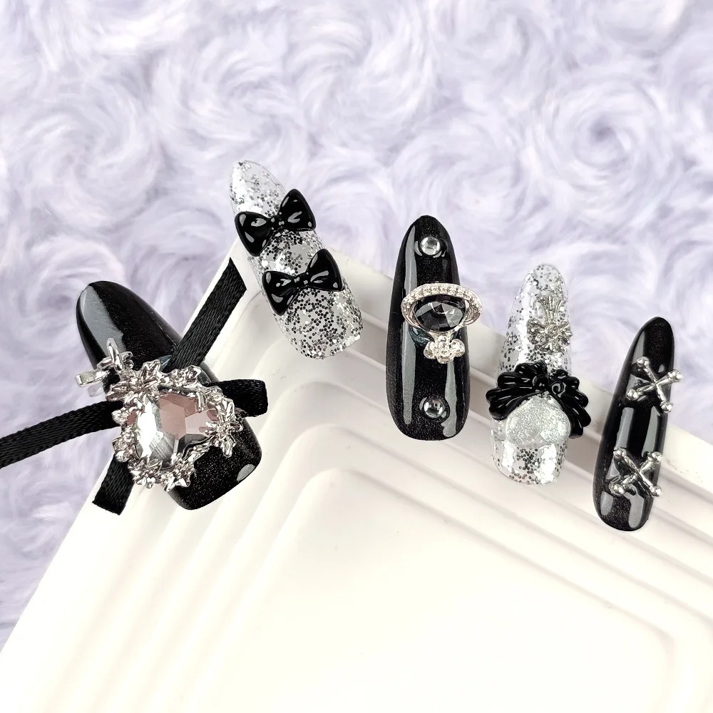 Y2K Heart Bow Press on Nails – 10 punte per unghie in gel lucido fatte a mano, set di unghie indossabili stile Millennium Baddie