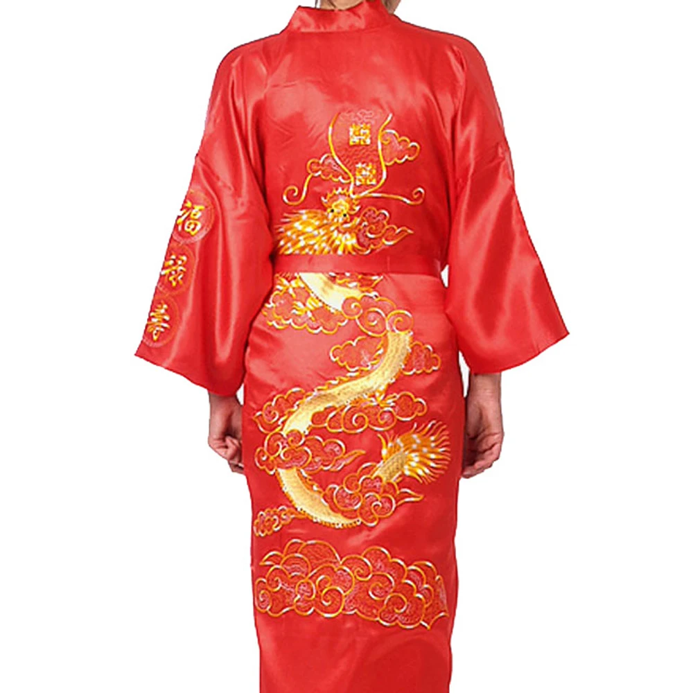 Mens Sleepwear Satin Silky Chinese Dragon Kimono Bathrobe Pajamas Smooth Bath Robes V Neck Man Nightgown