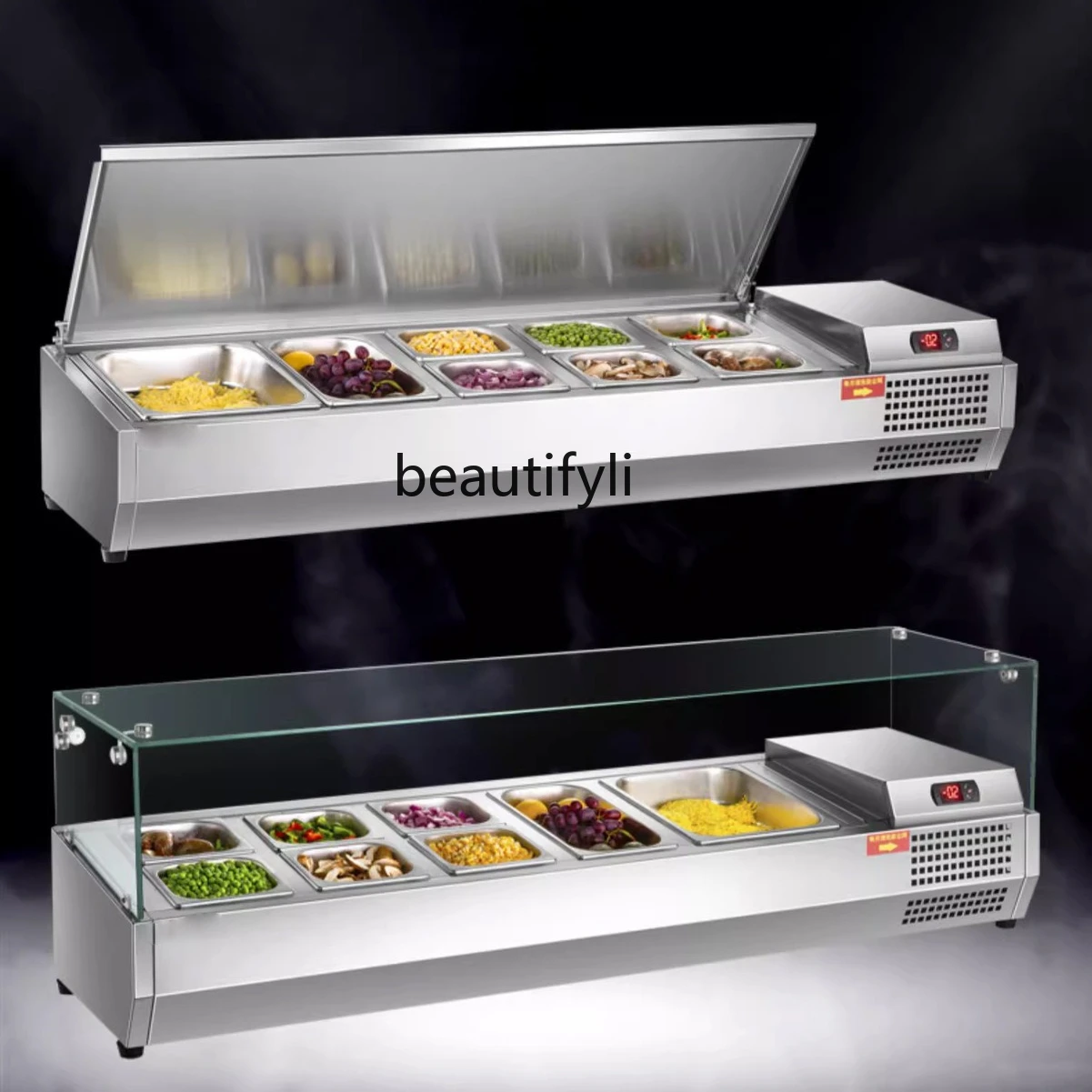 

Commercial Fresh-Keeping Countertop Refrigerated Display Cabinet Pizza Prep Table Topping Station Dessert Counter
