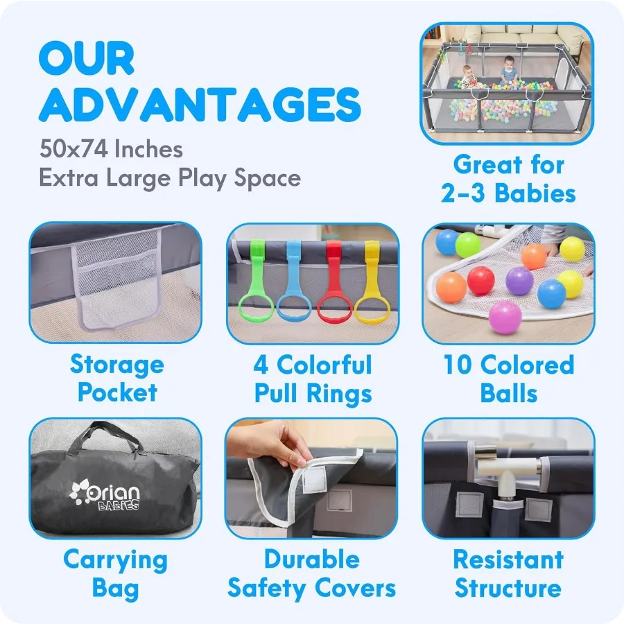 Cercadinho para bebês Orian 50x74 XL tamanho para bebês e crianças tecido de boi caneta para brincar interna e externa com 10 bolas coloridas e 4 puxadores
