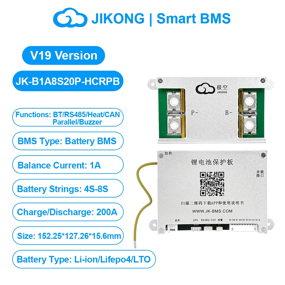 JIKONG V19 Smart BMS 4S ~ 24S BT Display Warmte KAN 0.4 ~ 2A Stroom 40A 100A 200A 300A Actieve Balancer voor Li-ion LiFePo4 Lto Batterij