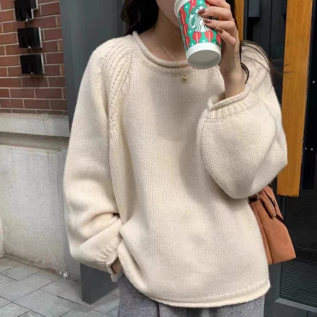 

Milk White Knitted Sweater Overhead Loose Lazy Sle Spring Autumn Women's New Faion Thi Needle Long Sve round Ne Top