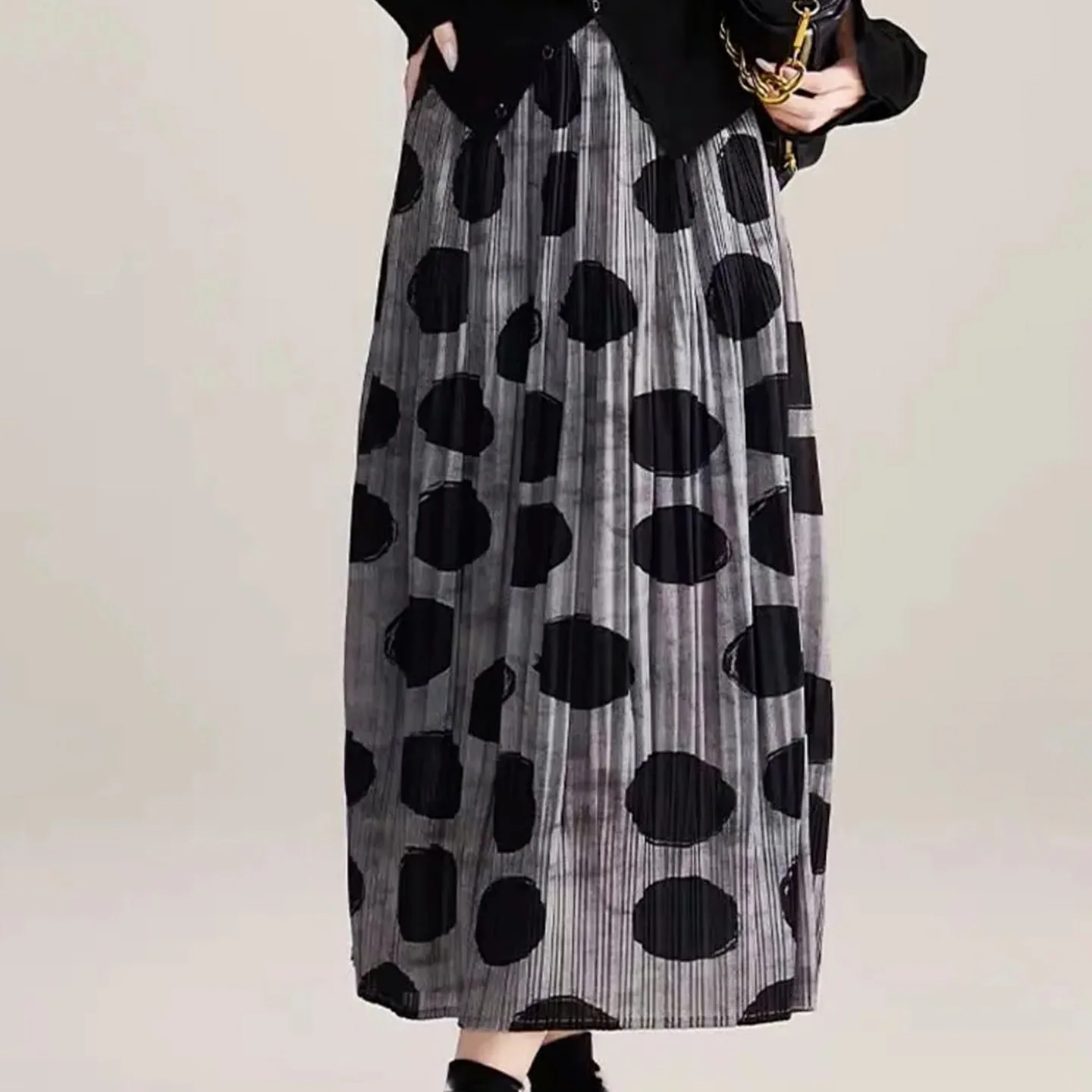 مياكي مطوي 2025 جديد ريترو البولكا نقطة بوستير تنورة الإناث مرونة الخصر رقيقة مطوي كبير سوينغ تنورة طويلة تنوعا #6