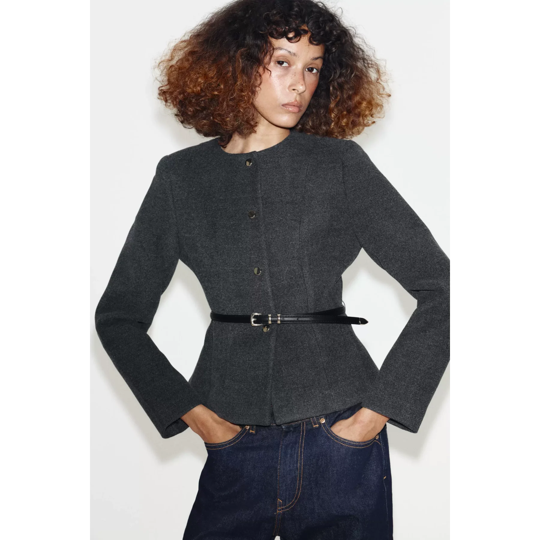 Soft Outerwear Coat Women's round Neck Long Sleeve New Autumn Belted Pure Color Short Style Button Closure Polyester Fiber