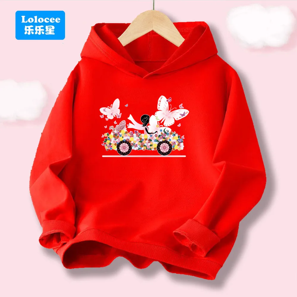 Fashion Girls' Hoodie Sweet Fairy Butterfly Flower Car Graphic Print Pullover Hooded Sweatshirt Cotton Thin Tops