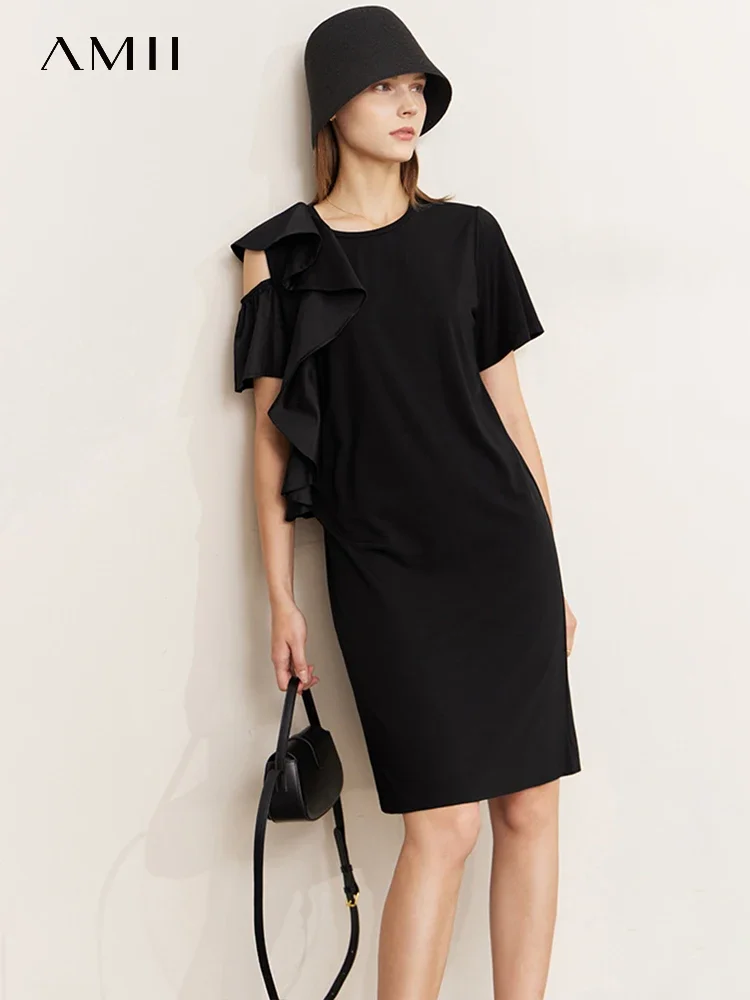

AMII Minimalism Women's Short Sleeve Dress 2025 Summer New Black Ruffles Hollow Out Mini Dresses O Neck Female Vestidos 12342276