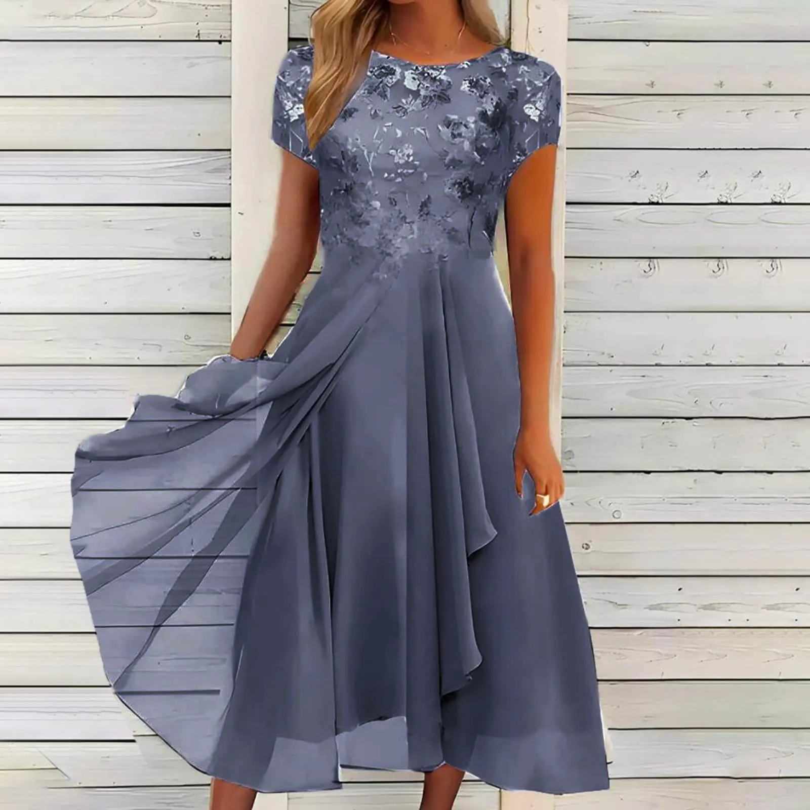 Dames Effen Kleur Chiffon Elegante Kanten Patchwork O-hals Jurk Mode Uitgesneden Korte Mouw Lange Jurk Bruidsmeisje Avondjurk
