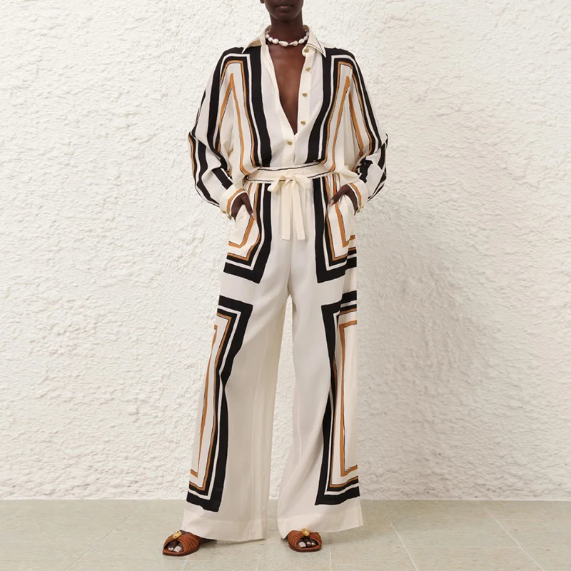 

Modigirl женские элегантные полосатые рубашки комплект из 2 предметов наряд 2025 осень клетчатые брюки с длинными рукавами и широкими штанинами свободные женские комплекты брюк