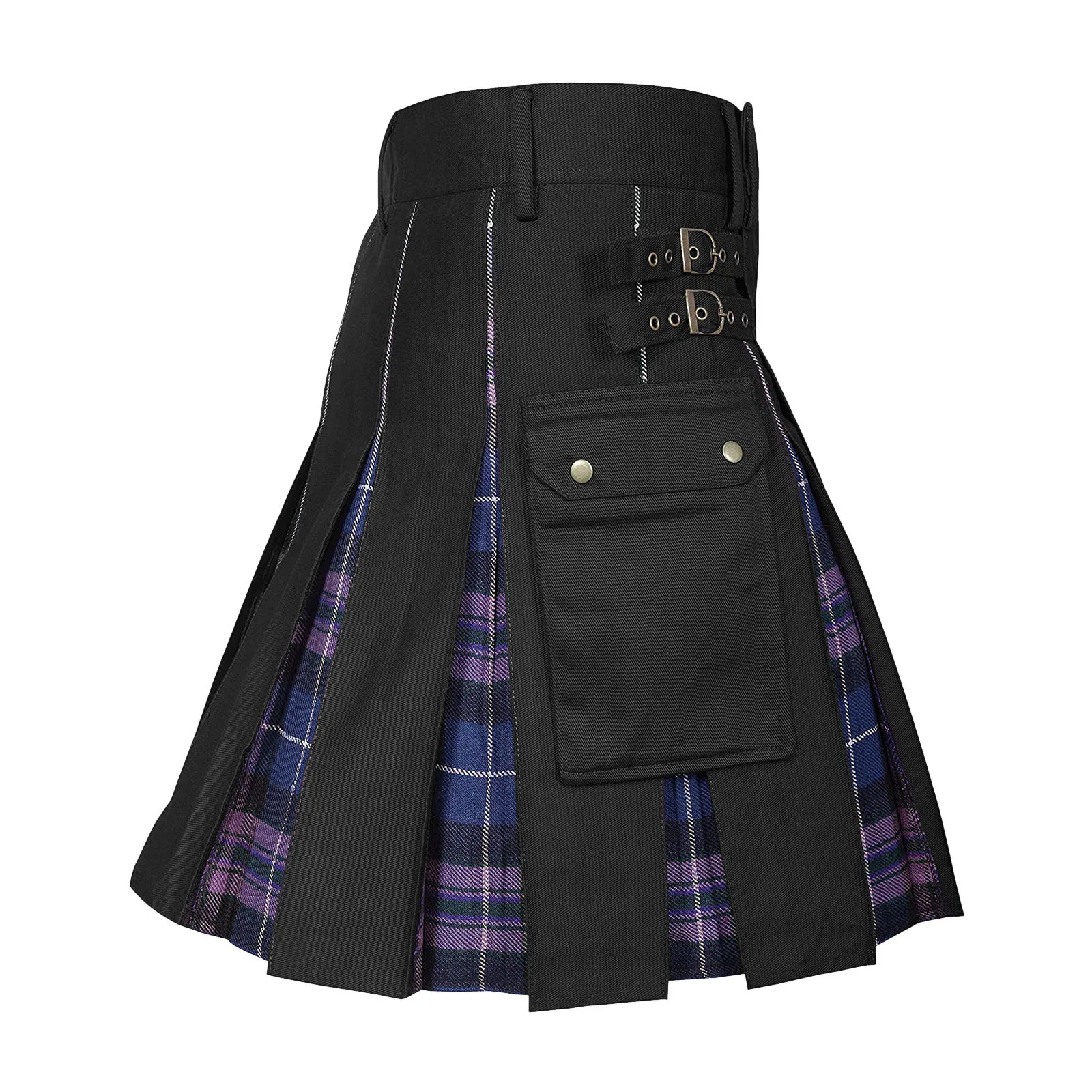 Vintage Mens Plaid Contrast Color Scottish Kilt Pocket Pleated Short Skirt Traditional Practical Gothic Punk Streetwear Kilt