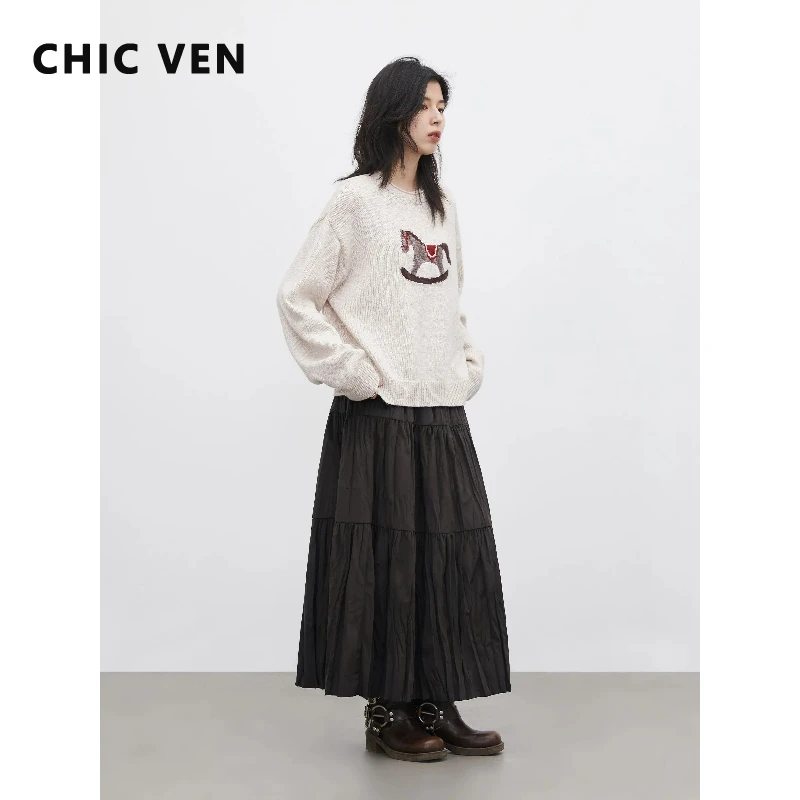 CHIC VEN Korean Women Long Skirt Loose Casual Elastic Waisted Velvet Pleated A-line Large Hem Ladies Skirt Spring Autumn 2026