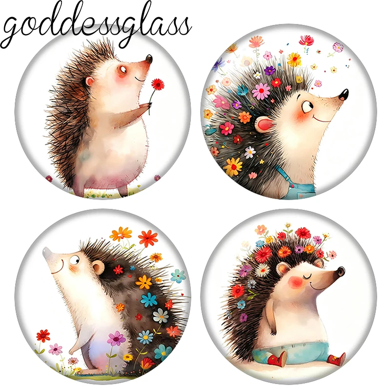 Cartoon hedgehog Cute Flowers baby hedgehog 10pcs 12mm/18mm/20mm/25mm Round photo demo glass cabochon flat back Making fittings