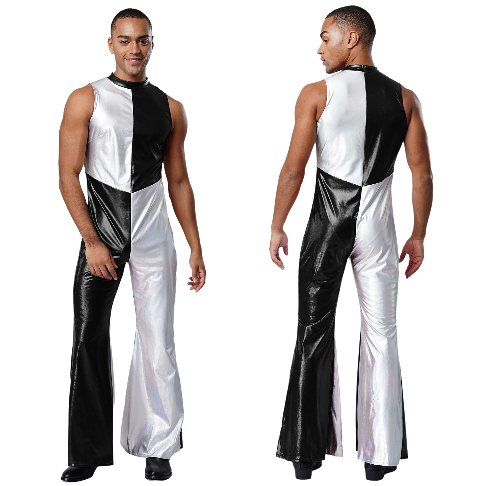 남성용 반짝이는 패션 패치워크 점프수트 빈티지 히피 70년대 디스코 파티 재즈 탱고 클럽 댄스 공연용 바디수트