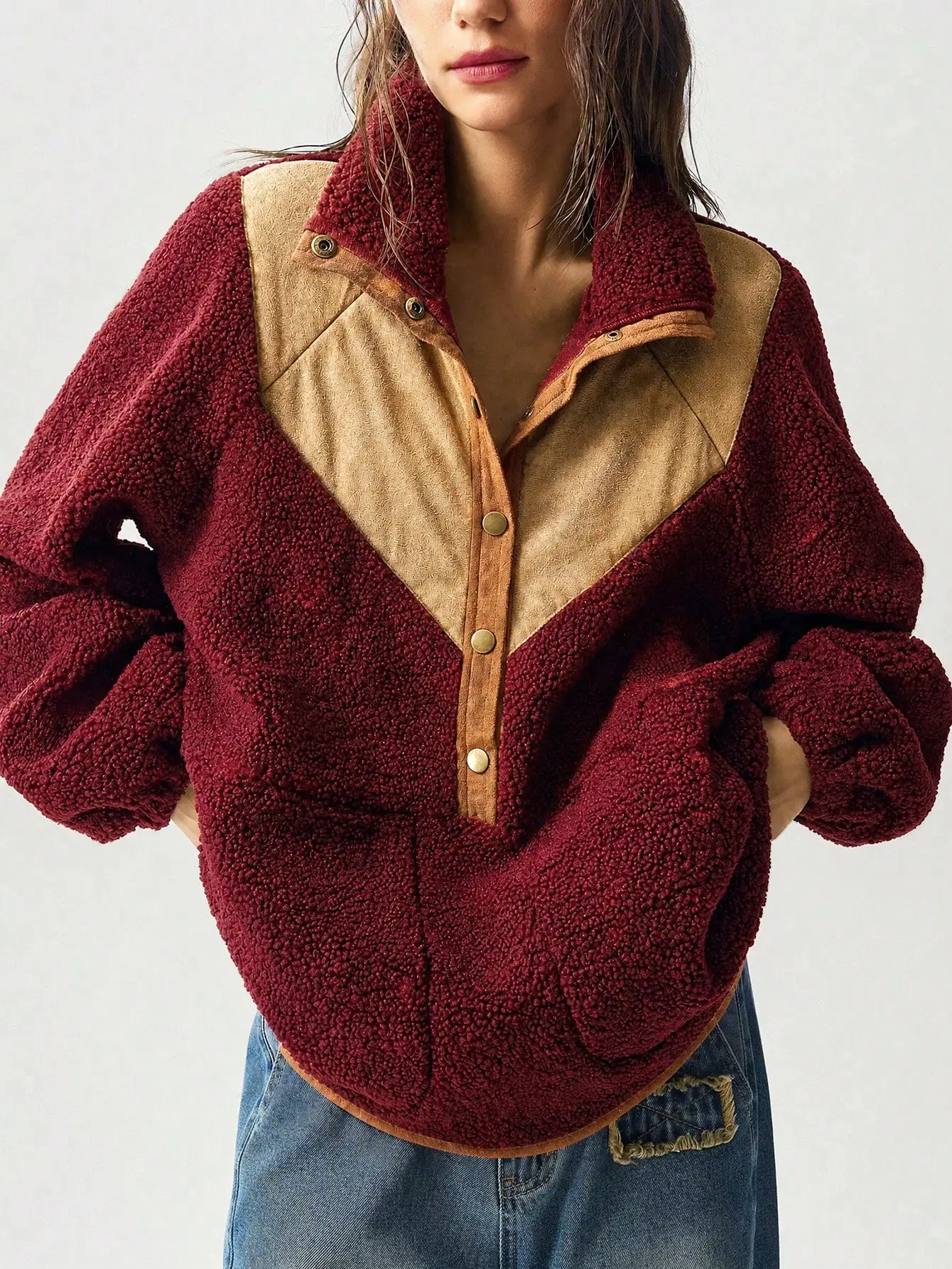 90s Indie Boho Fuzzy Sherpa Fleece Pullover Retro Vintage Aesthetic Half-Snap Mock Neck Sweatshirt Forest Green And Khaki Colorblock Patchwork Design Drop Shoulder Kangaroo Pocket Relaxed Fit For Outdoor Concert Vacation Christmas Gift