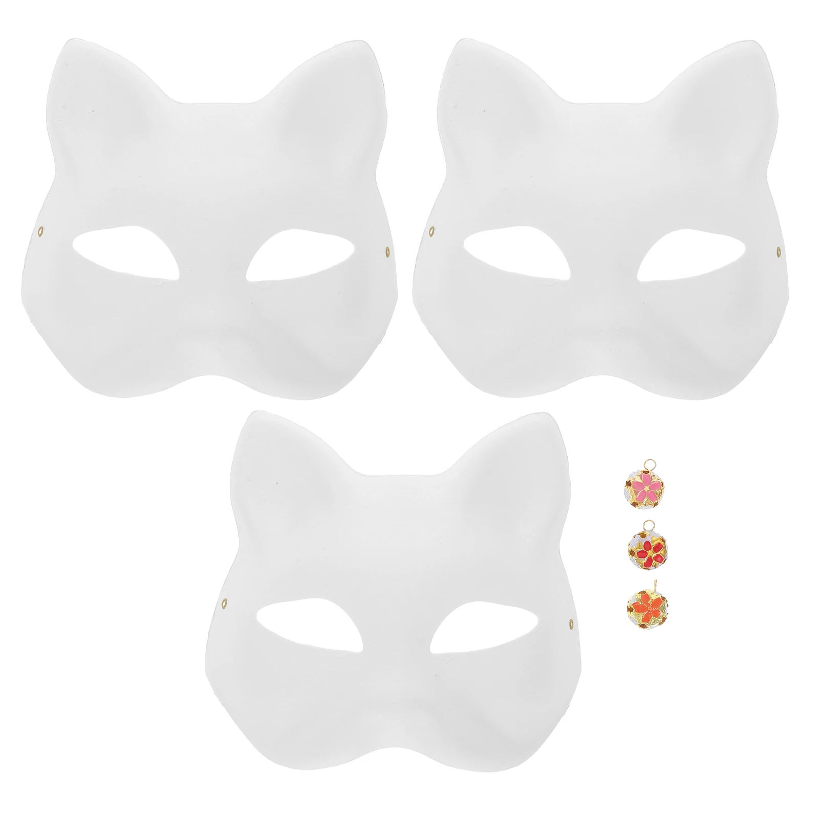 

3PCS Masks White Cat Fox Masks with Bells Blank DIY Halloween Mask Animal Half Facemasks Masquerade Cosplay Party