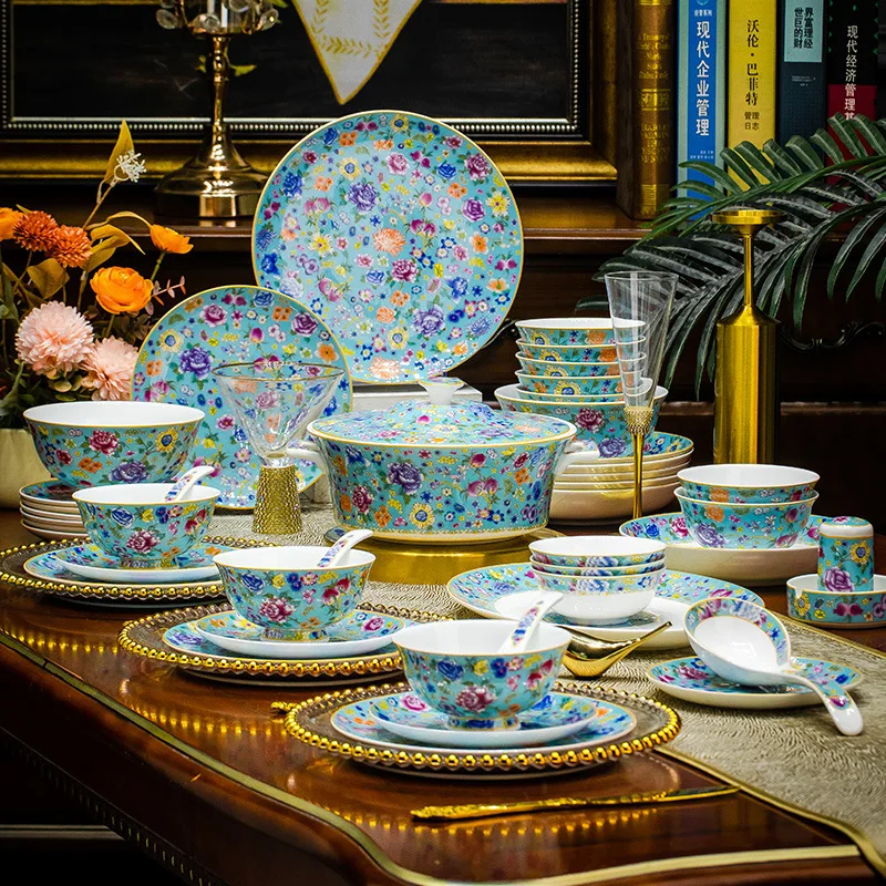 Dish set for home use 2023 new enamel color Jingdezhen bone china