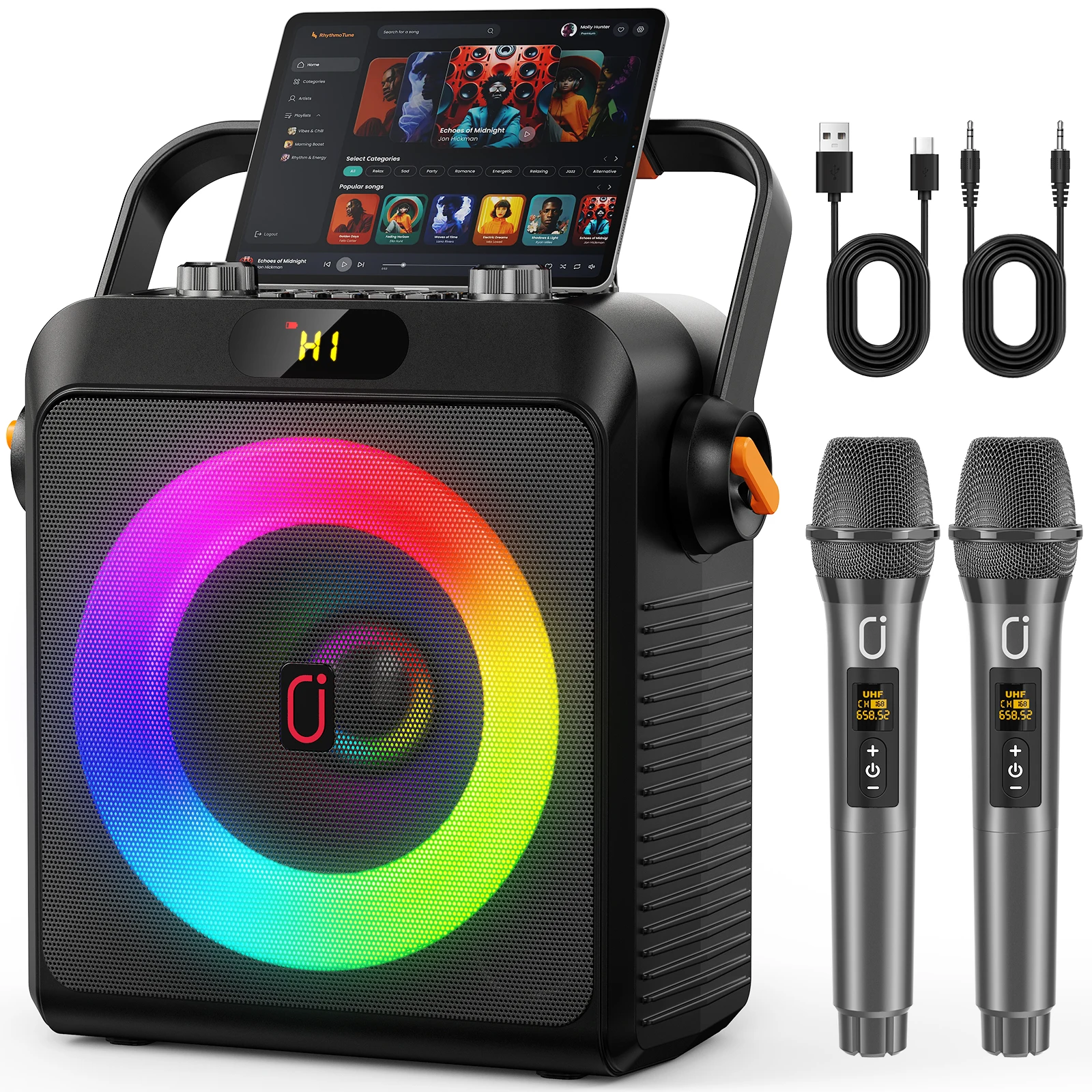 Image of Karaoke-Maschine mit 2 Mikrofonen für Erwachsene, tragbarer Bluetooth 5.3-Lautsprecher mit verbessertem Subwoofer, Bass-Boost | PA-System